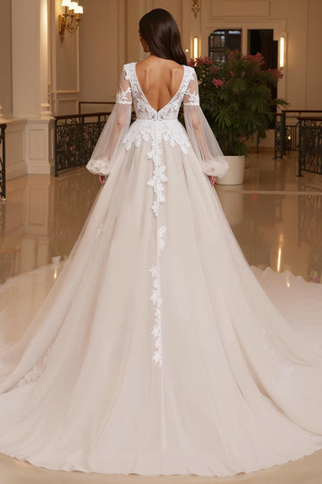 Dentelle Applique Col V Tulle Une Robe De Mariée Trapèze